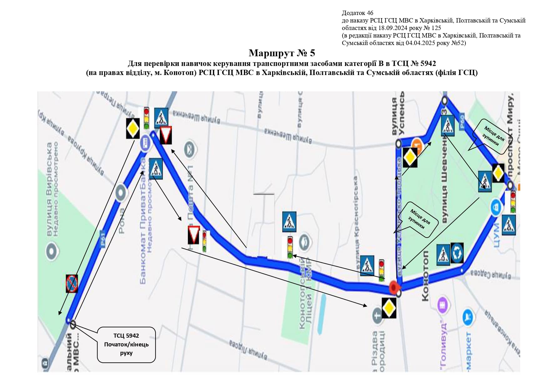 Схема маршруту практичного іспиту ТСЦ у місті Конотоп