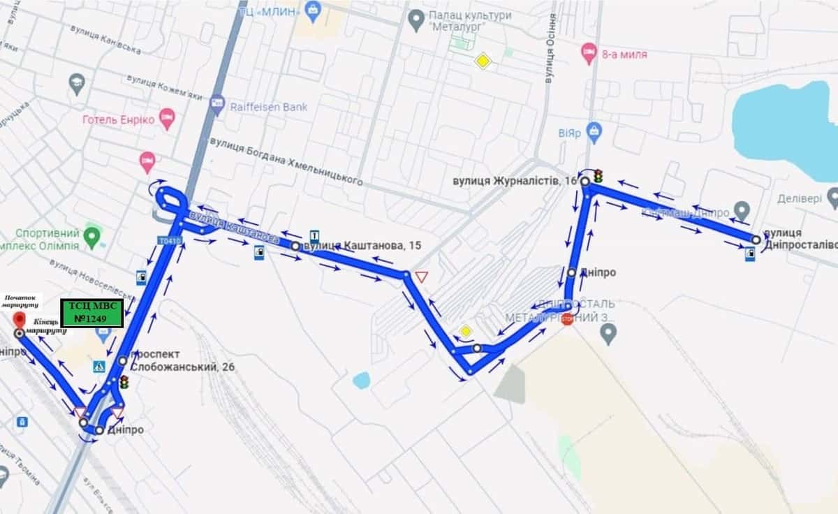 Схема маршруту практичного іспиту ТСЦ у місті Дніпро