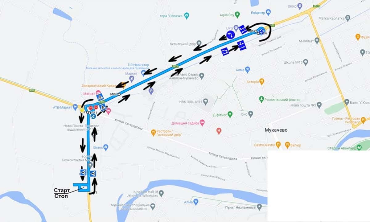 Схема маршруту практичного іспиту ТСЦ у місті Клячаново
