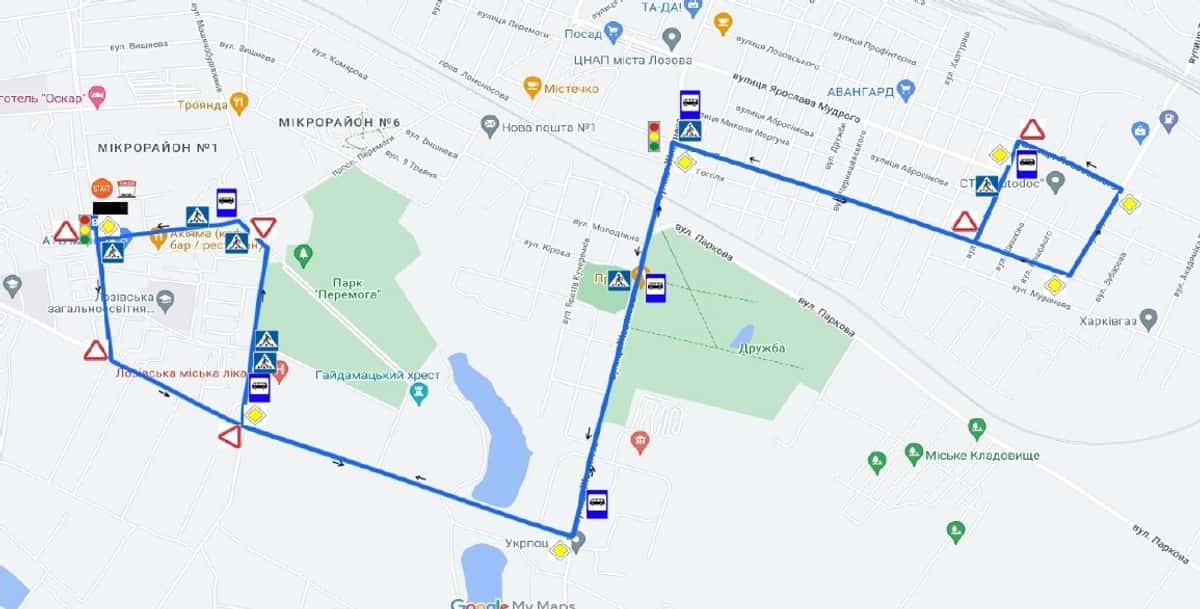 Схема маршруту практичного іспиту ТСЦ у місті Лозова