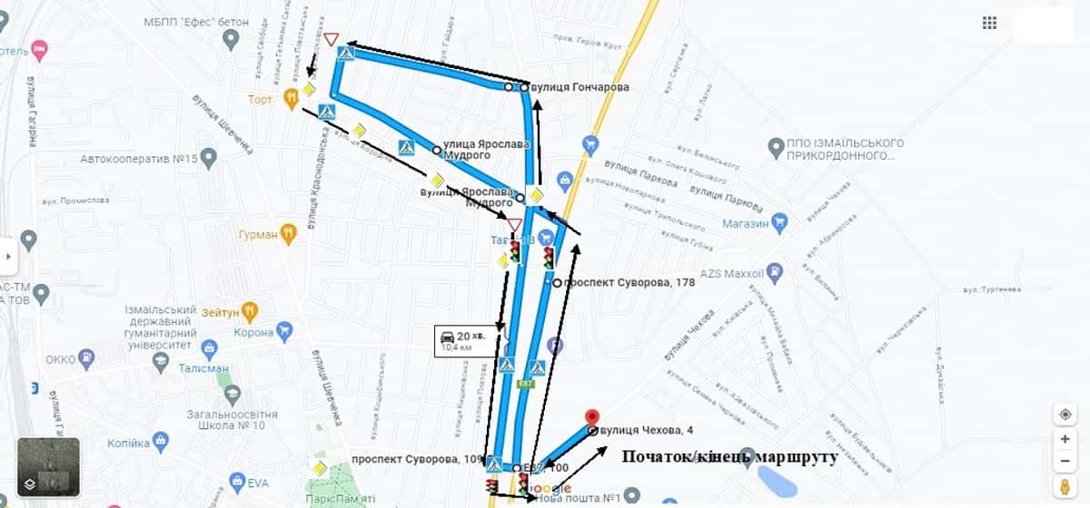 Схема маршруту практичного іспиту ТСЦ у місті Ізмаїл