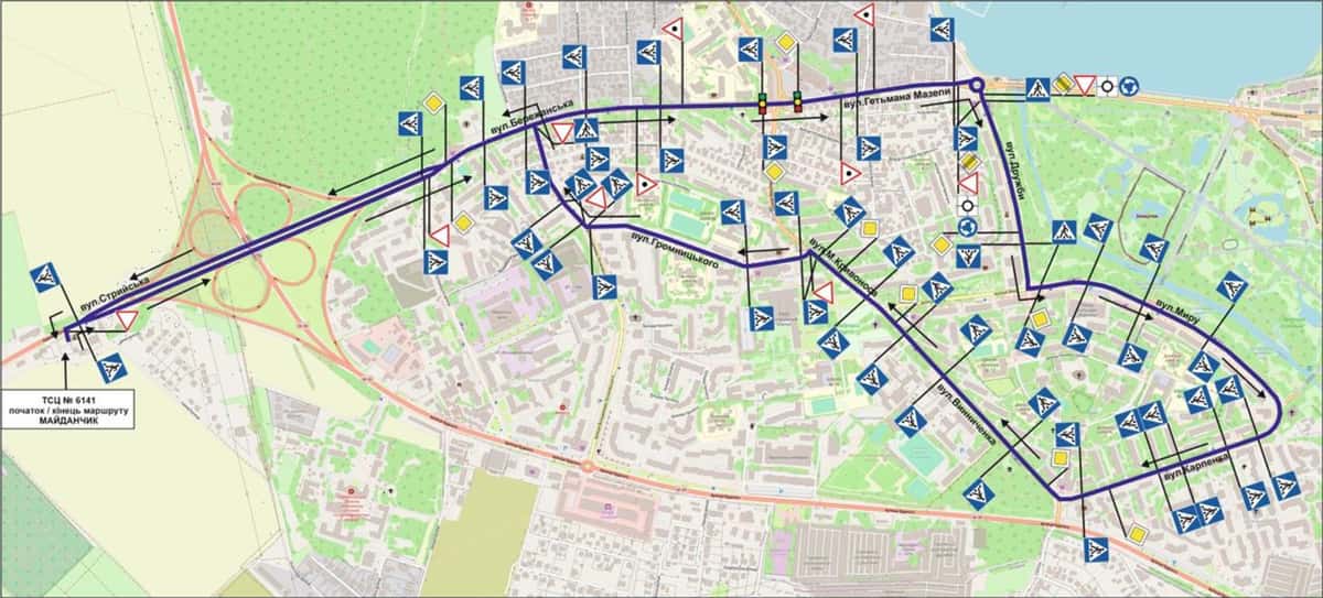 Схема маршруту практичного іспиту ТСЦ у місті Тернопіль