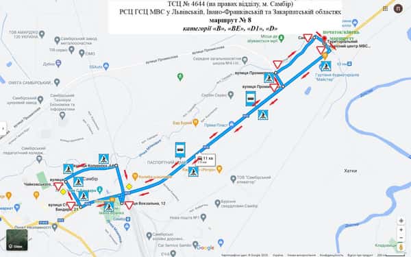 Схема маршруту практичного іспиту ТСЦ у місті Самбір