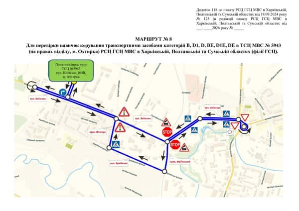 Схема маршруту практичного іспиту ТСЦ у місті Охтирка