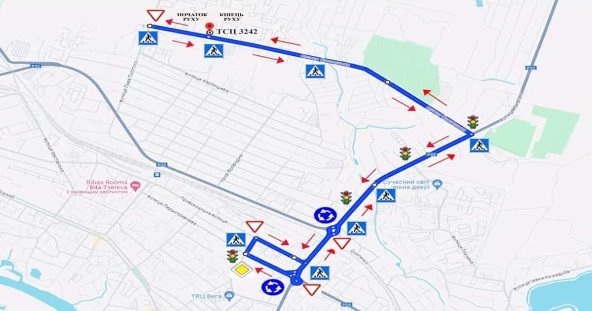 Схема маршруту практичного іспиту ТСЦ у місті Біла Церква