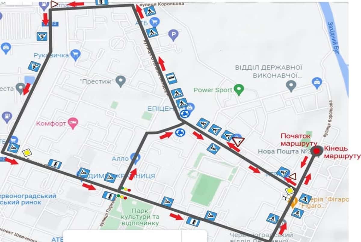 Схема маршруту практичного іспиту ТСЦ у місті м. Шептицький