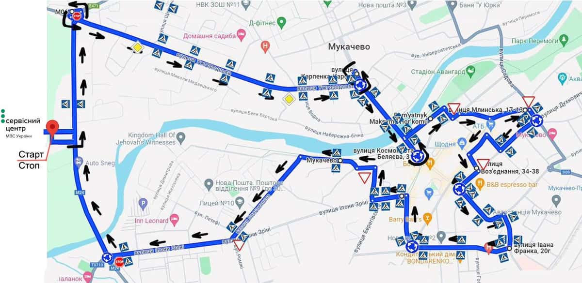 Схема маршруту практичного іспиту ТСЦ у місті Клячаново