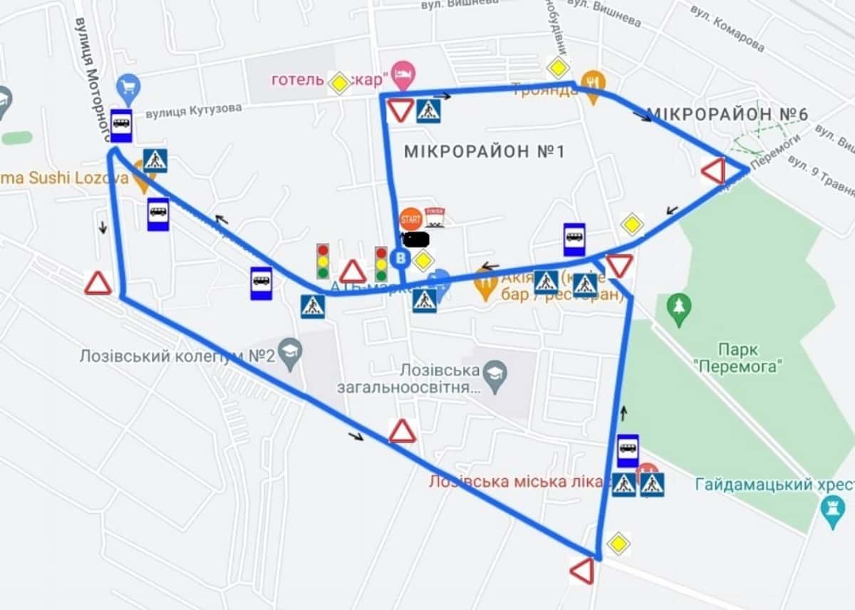 Схема маршруту практичного іспиту ТСЦ у місті Лозова