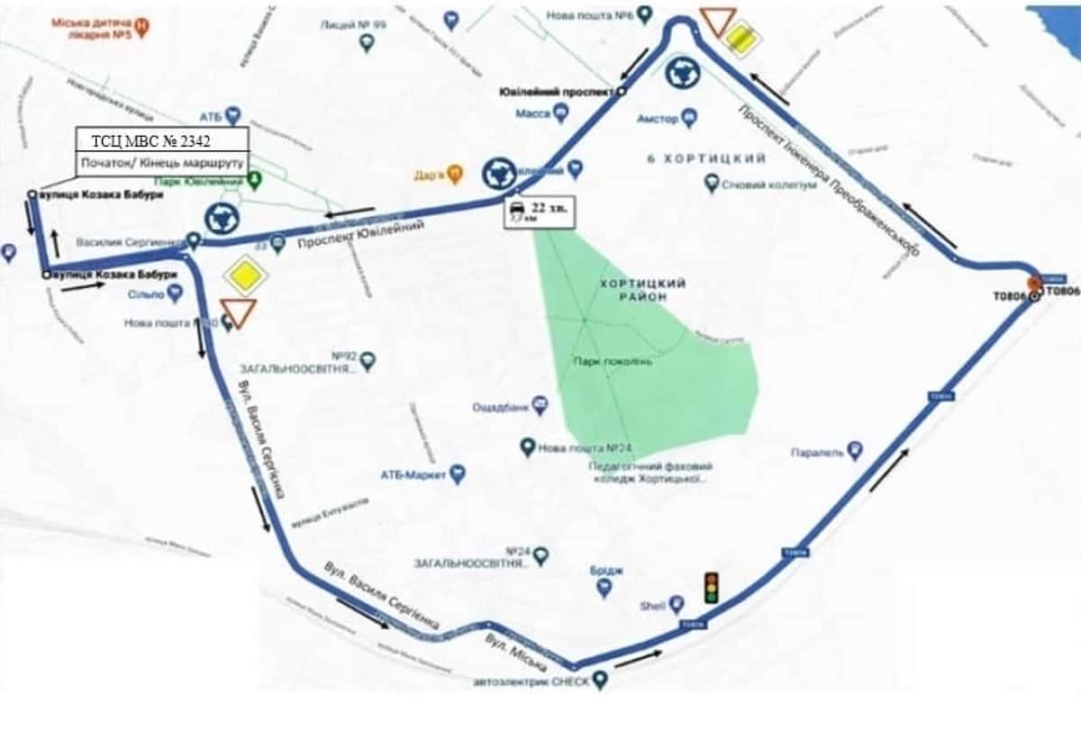 Схема маршруту практичного іспиту ТСЦ у місті Запоріжжя