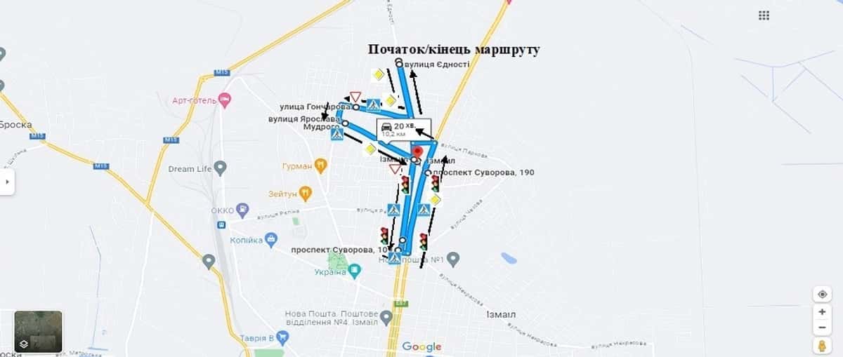 Схема маршруту практичного іспиту ТСЦ у місті Ізмаїл