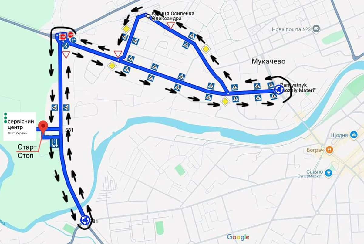 Схема маршруту практичного іспиту ТСЦ у місті Клячаново