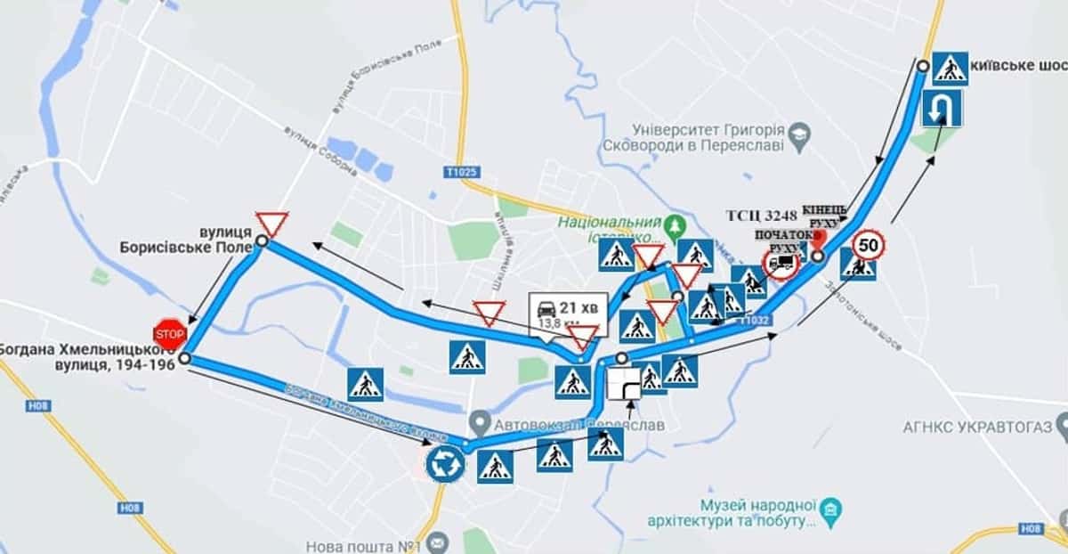 Схема маршруту практичного іспиту ТСЦ у місті Переяслав