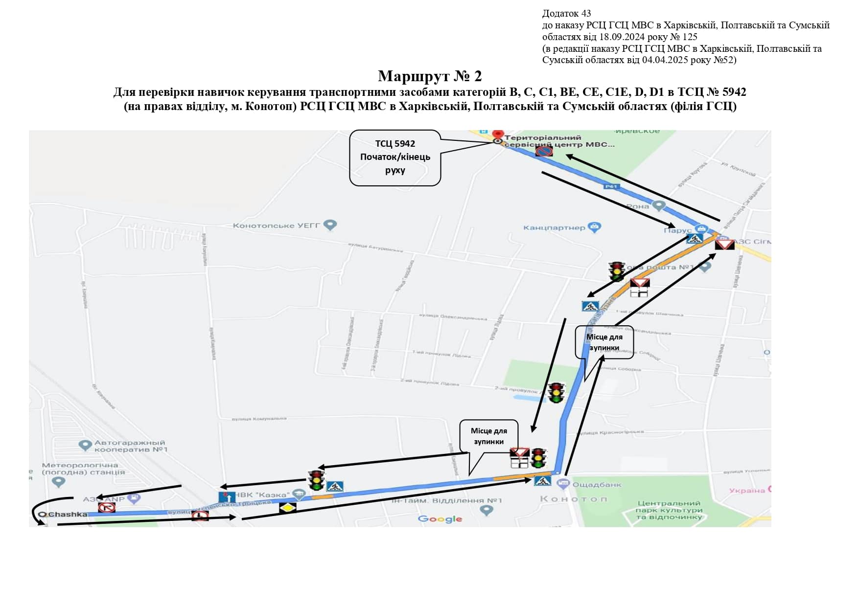 Схема маршруту практичного іспиту ТСЦ у місті Конотоп