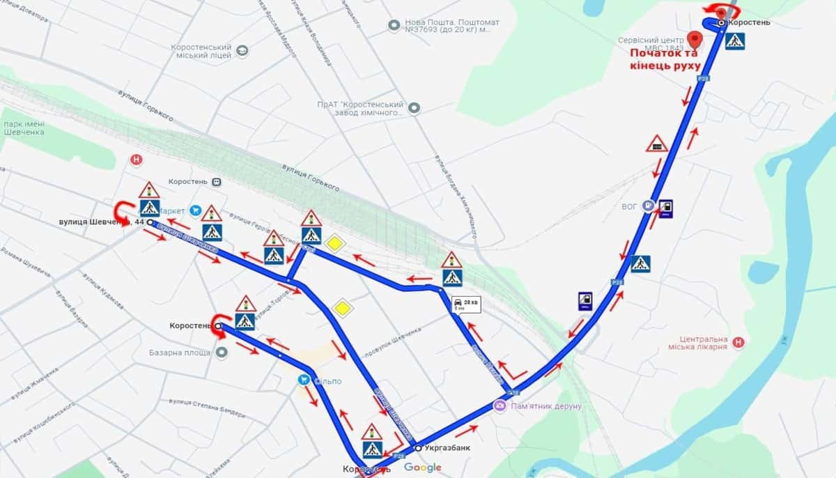 Схема маршруту практичного іспиту ТСЦ у місті Коростень