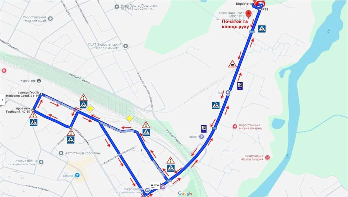 Схема маршруту практичного іспиту ТСЦ у місті Коростень