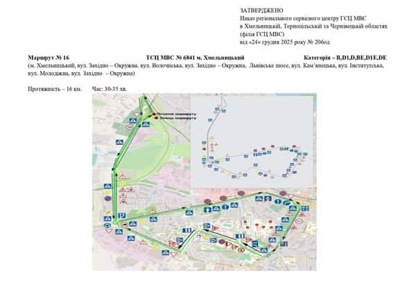 Схема маршруту практичного іспиту ТСЦ у місті Хмельницький