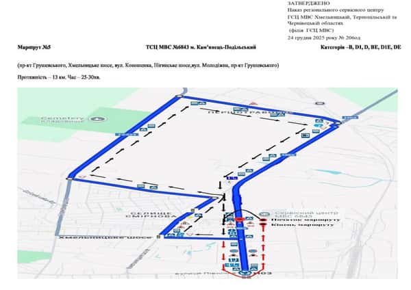 Схема маршруту практичного іспиту ТСЦ у місті Камянець-Подільський