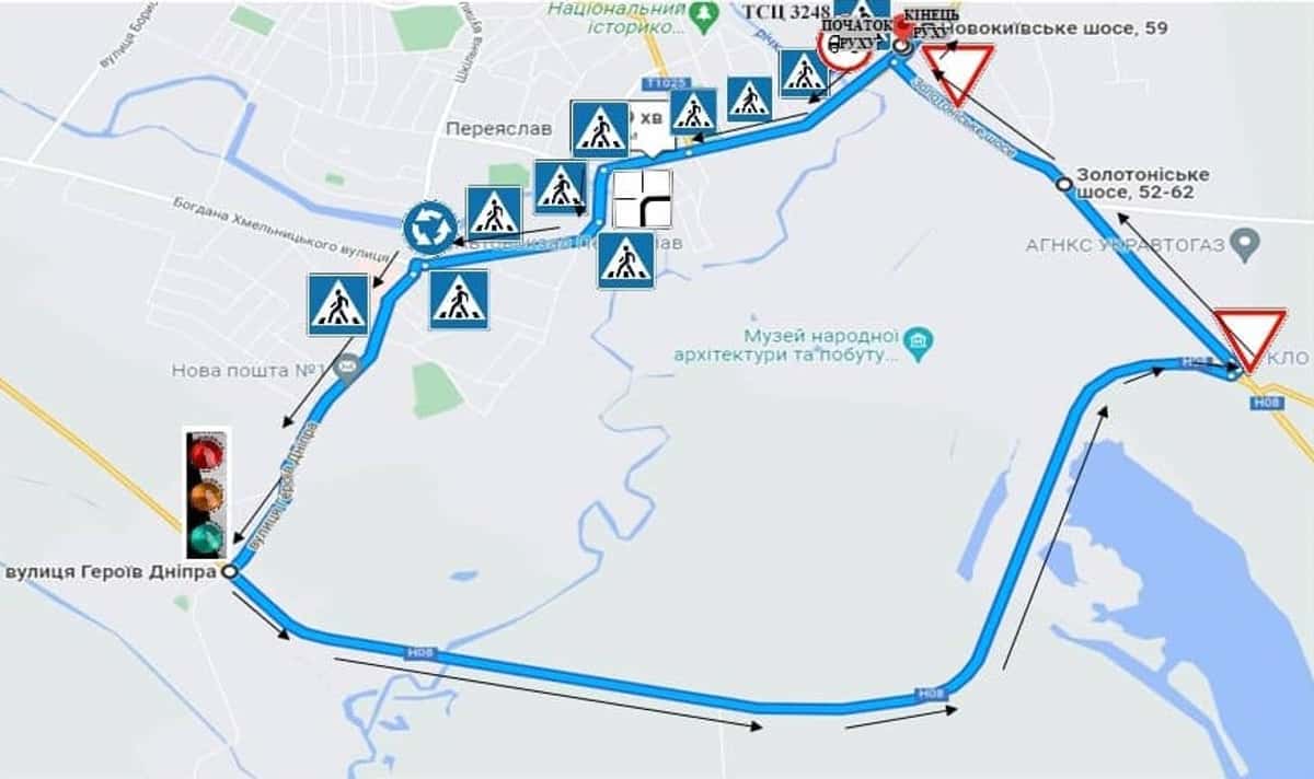 Схема маршруту практичного іспиту ТСЦ у місті Переяслав