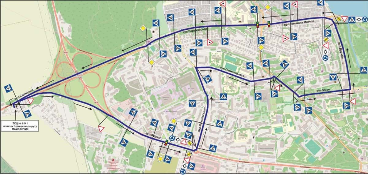 Схема маршруту практичного іспиту ТСЦ у місті Тернопіль