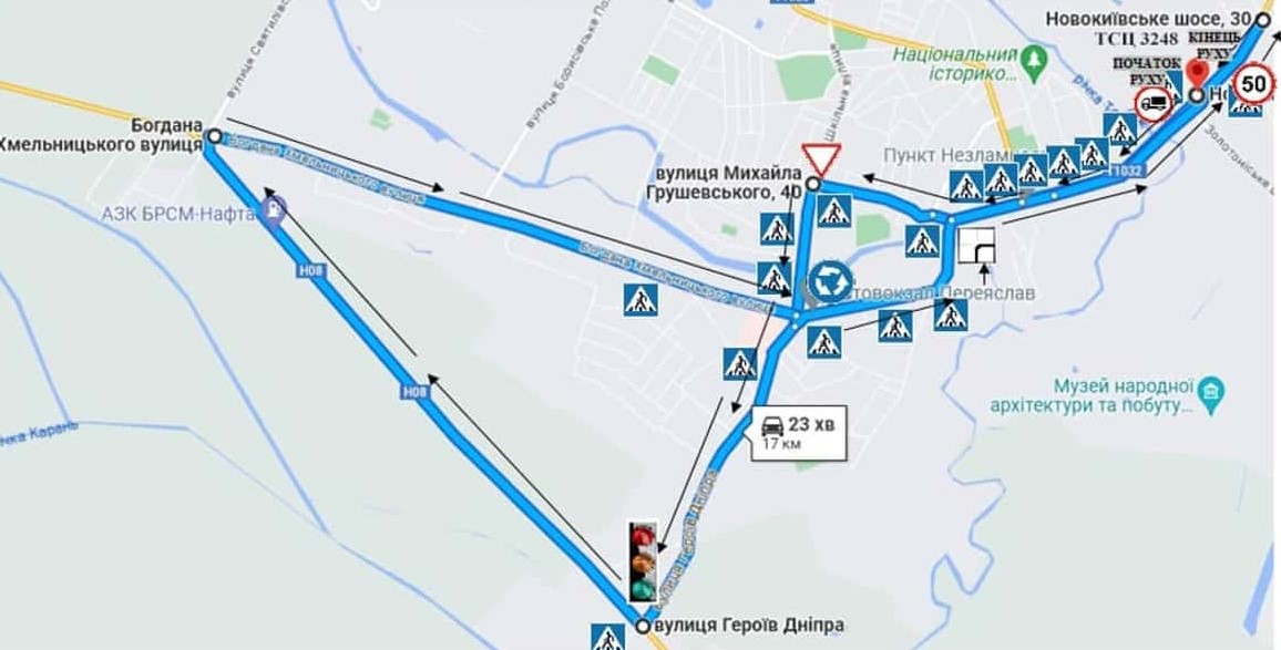 Схема маршруту практичного іспиту ТСЦ у місті Переяслав