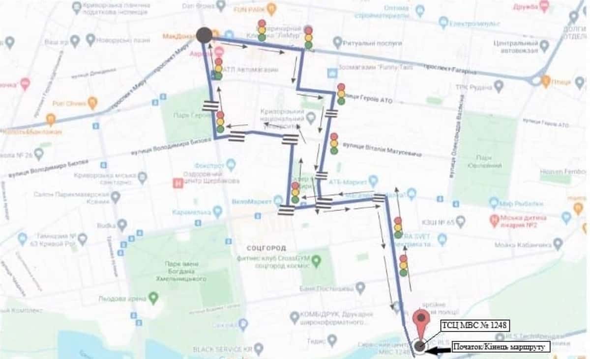 Схема маршруту практичного іспиту ТСЦ у місті Кривий Ріг