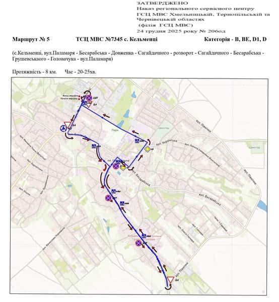 Схема маршруту практичного іспиту ТСЦ у місті Кельменці