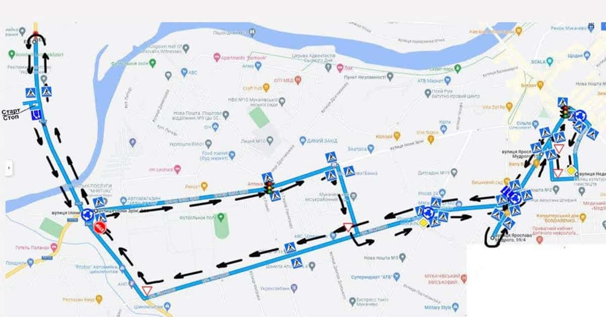 Схема маршруту практичного іспиту ТСЦ у місті Клячаново