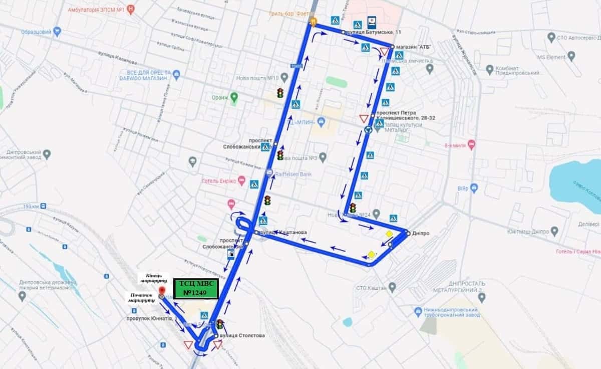 Схема маршруту практичного іспиту ТСЦ у місті Дніпро