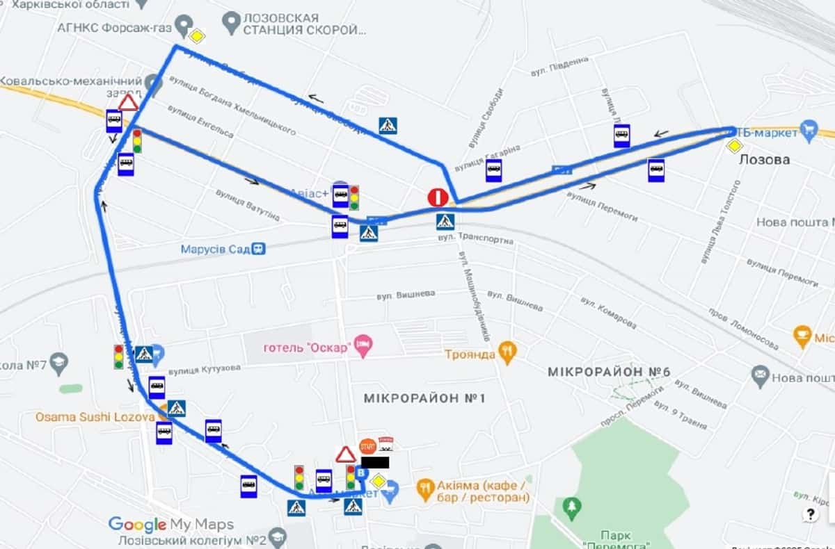 Схема маршруту практичного іспиту ТСЦ у місті Лозова