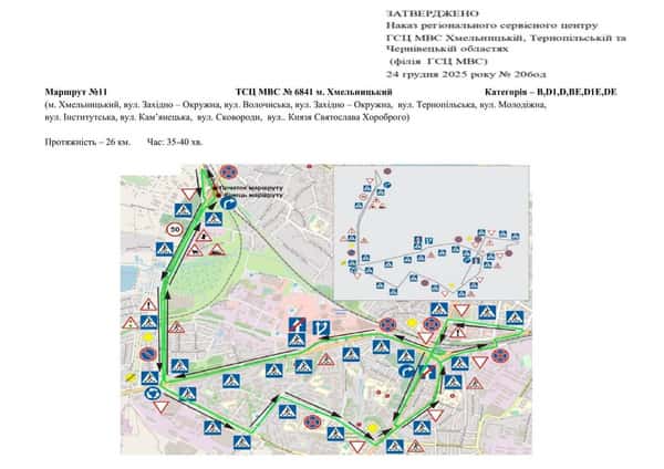 Схема маршруту практичного іспиту ТСЦ у місті Хмельницький