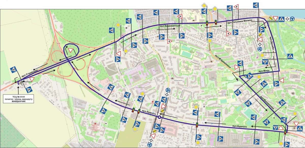 Схема маршруту практичного іспиту ТСЦ у місті Тернопіль