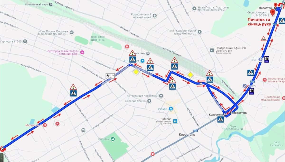Схема маршруту практичного іспиту ТСЦ у місті Коростень