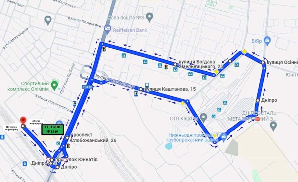 Схема маршруту практичного іспиту ТСЦ у місті Дніпро