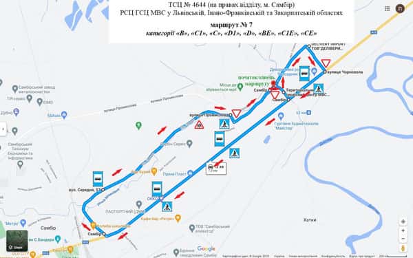 Схема маршруту практичного іспиту ТСЦ у місті Самбір