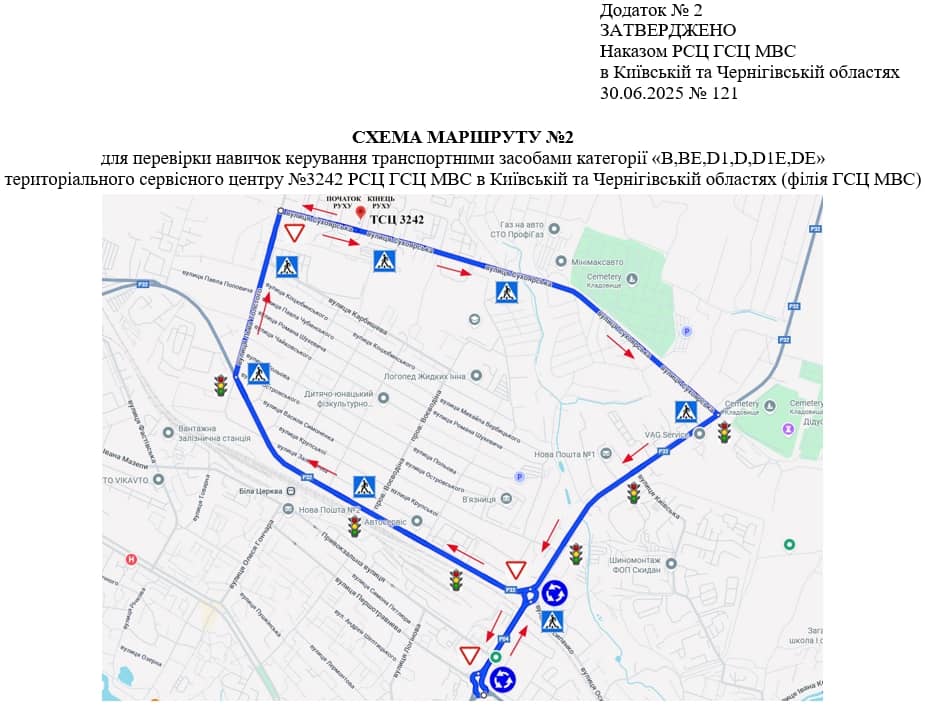 Схема маршруту практичного іспиту ТСЦ у місті Біла Церква