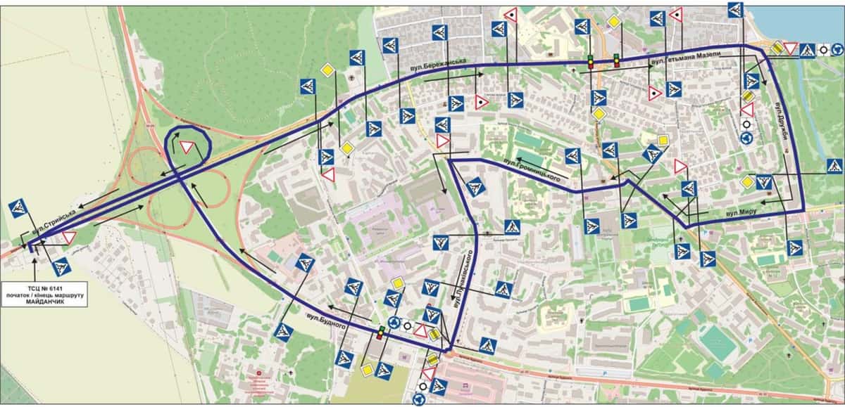 Схема маршруту практичного іспиту ТСЦ у місті Тернопіль