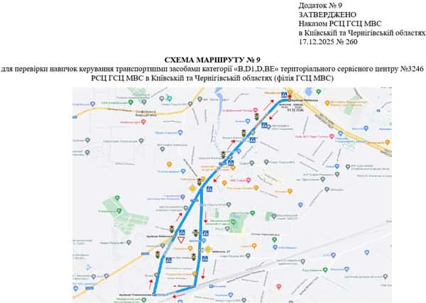 Схема маршруту практичного іспиту ТСЦ у місті Софіївська Борщагівка