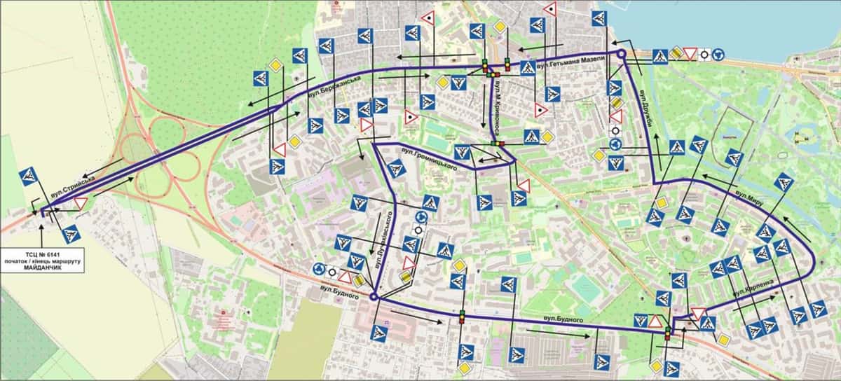 Схема маршруту практичного іспиту ТСЦ у місті Тернопіль