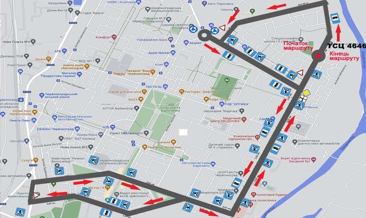 Схема маршруту практичного іспиту ТСЦ у місті м. Шептицький