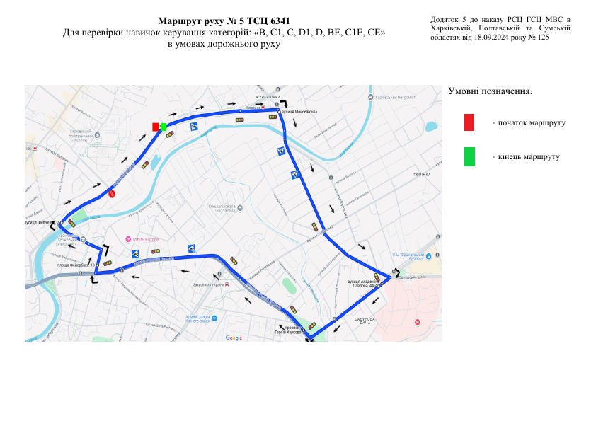 Схема маршруту практичного іспиту ТСЦ у місті Харків
