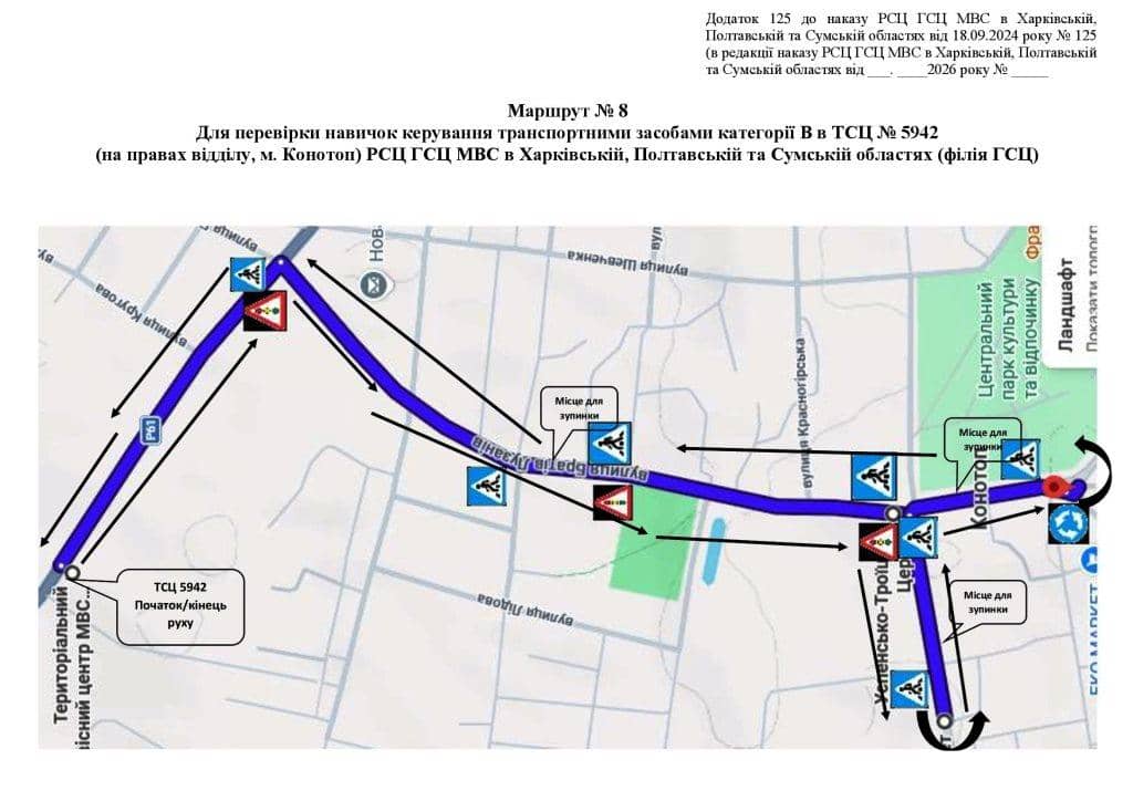 Схема маршруту практичного іспиту ТСЦ у місті Конотоп