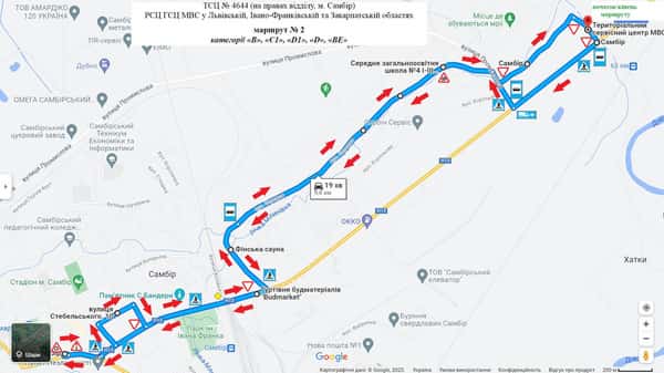 Схема маршруту практичного іспиту ТСЦ у місті Самбір