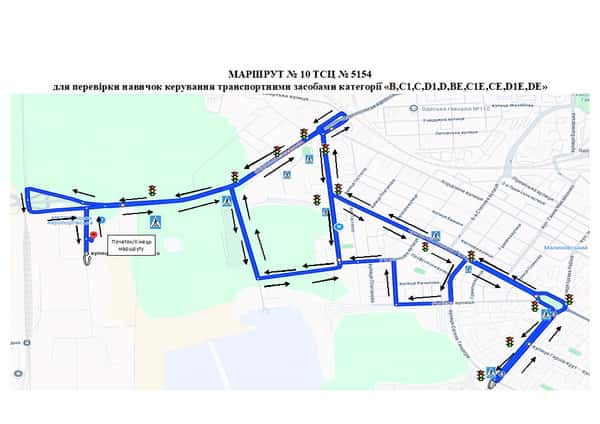 Схема маршруту практичного іспиту ТСЦ у місті Одеса