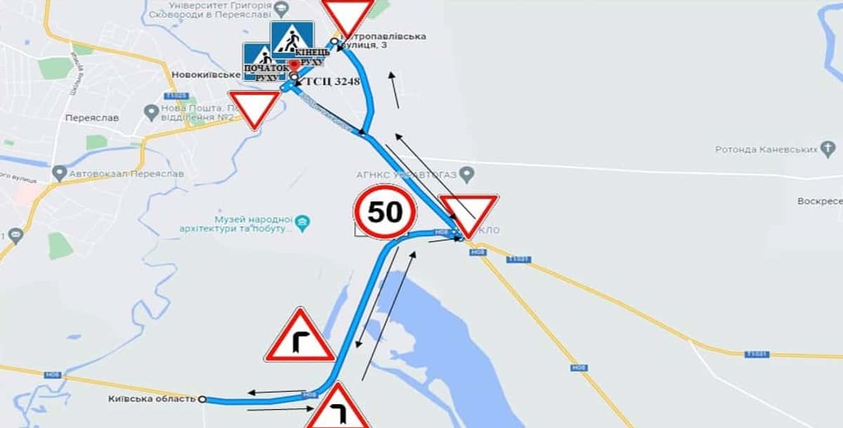 Схема маршруту практичного іспиту ТСЦ у місті Переяслав