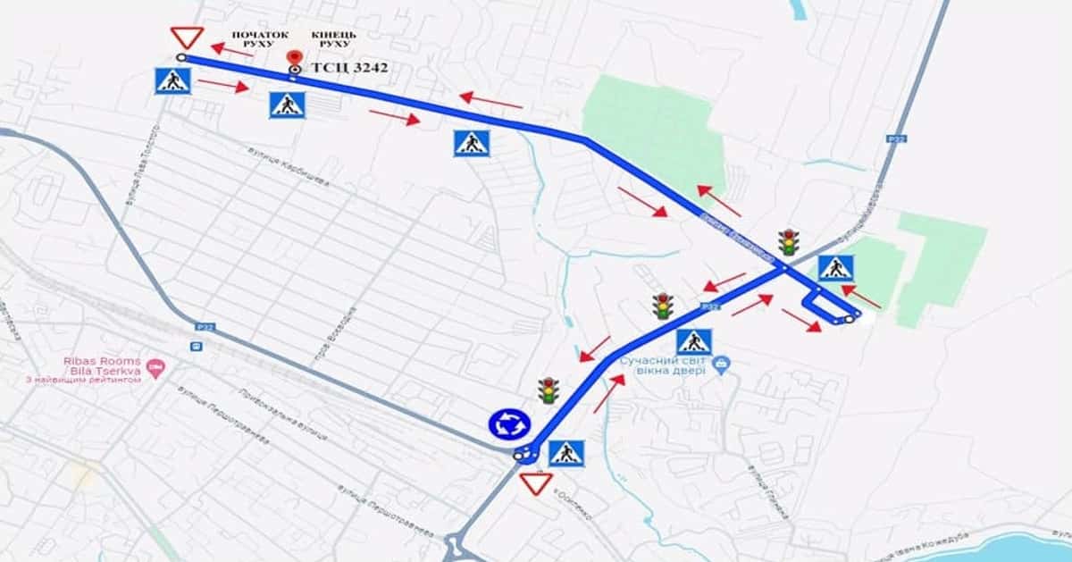 Схема маршруту практичного іспиту ТСЦ у місті Біла Церква